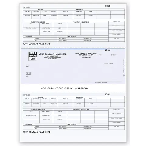 Custom Printed Payroll Checks with Detailed Hours, Vacation, Overtime and Taxes Paid