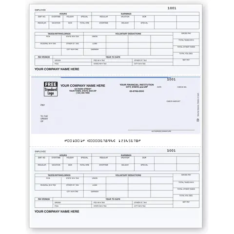 Custom Printed Payroll Checks with Detailed Hours, Vacation, Overtime and Taxes Paid