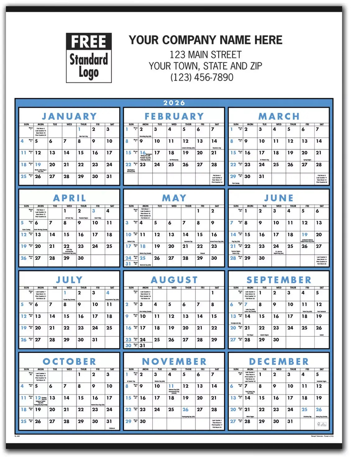 2026 Wall Calendar with Year at Glance