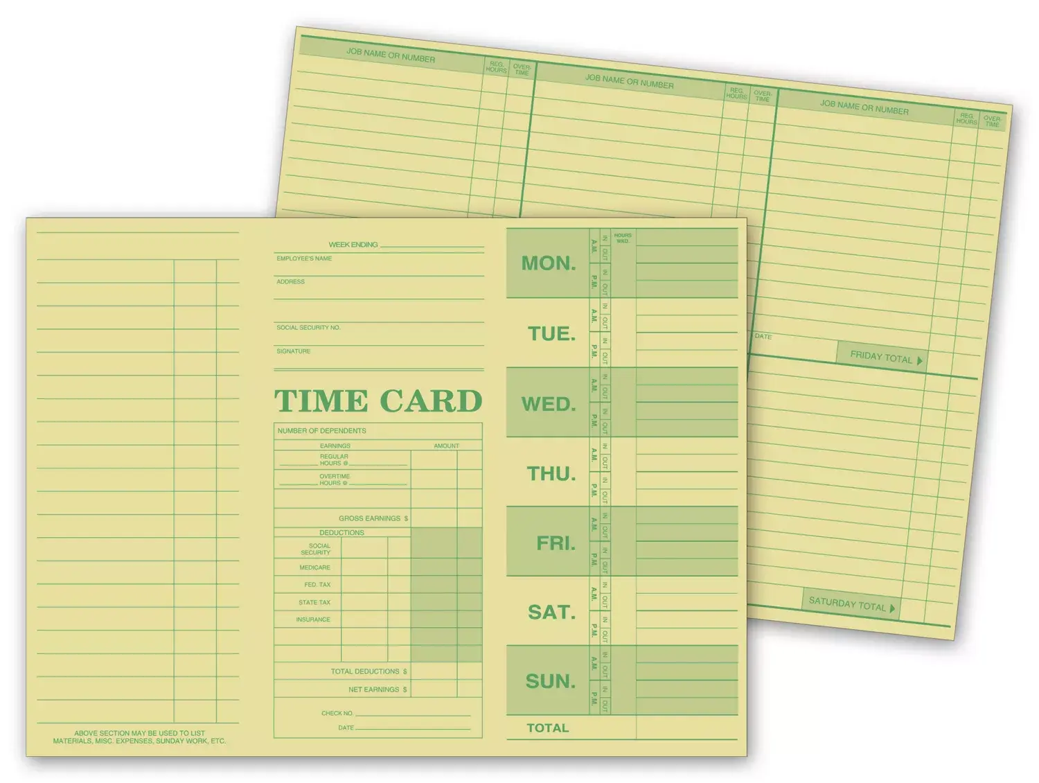 Green Employee Time Cards, Weekly