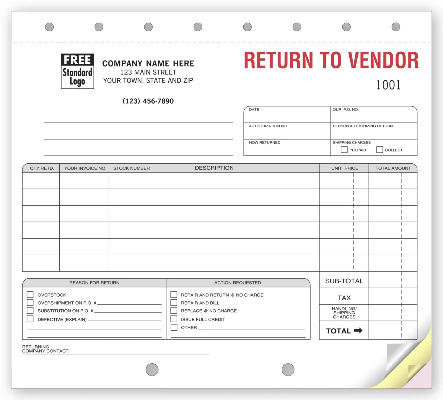 Merchandise Return Forms - Return to Vendor Forms