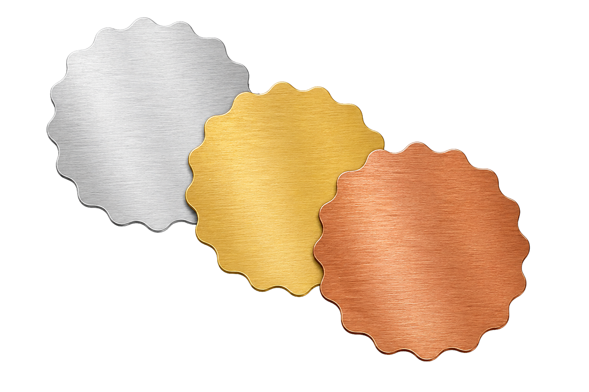 Custom circle wavy labels available in gold, silver, or bronze foil