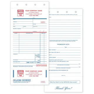 Custom Printed Service Order Forms with Claim Check and Promissory Note