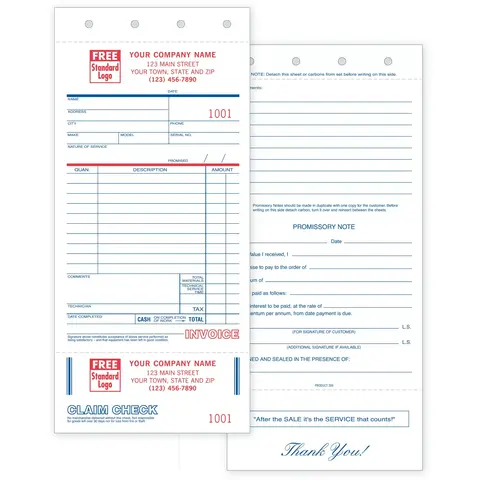 Custom Printed Service Order Forms with Claim Check and Promissory Note