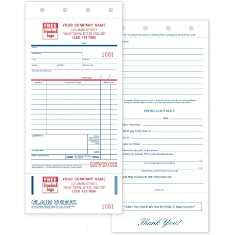 Custom Printed Service Order Forms with Claim Check and Promissory Note