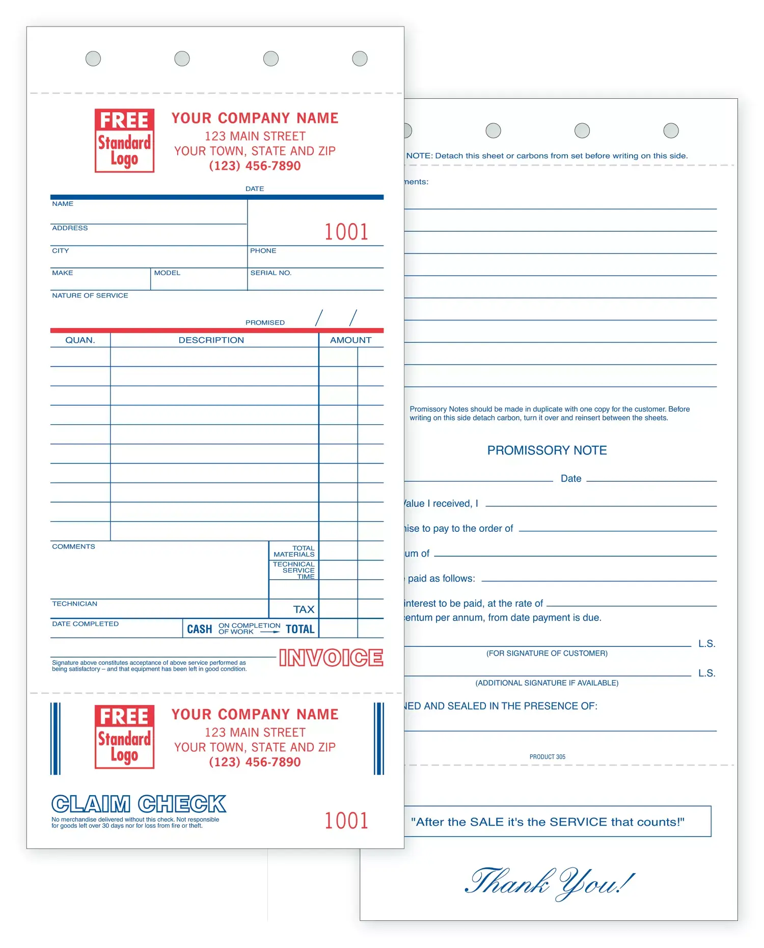 Custom Printed Service Order Forms with Claim Check and Promissory Note