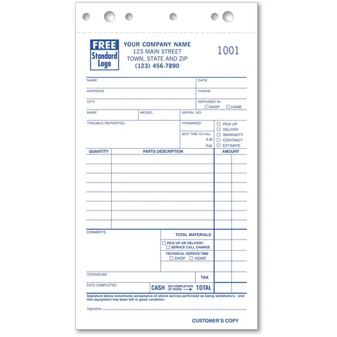 308 - Service Order Forms with Parts Details Section