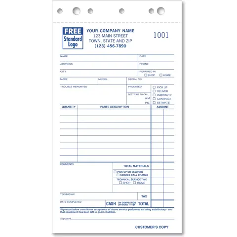 308 - Service Order Forms with Parts Details Section