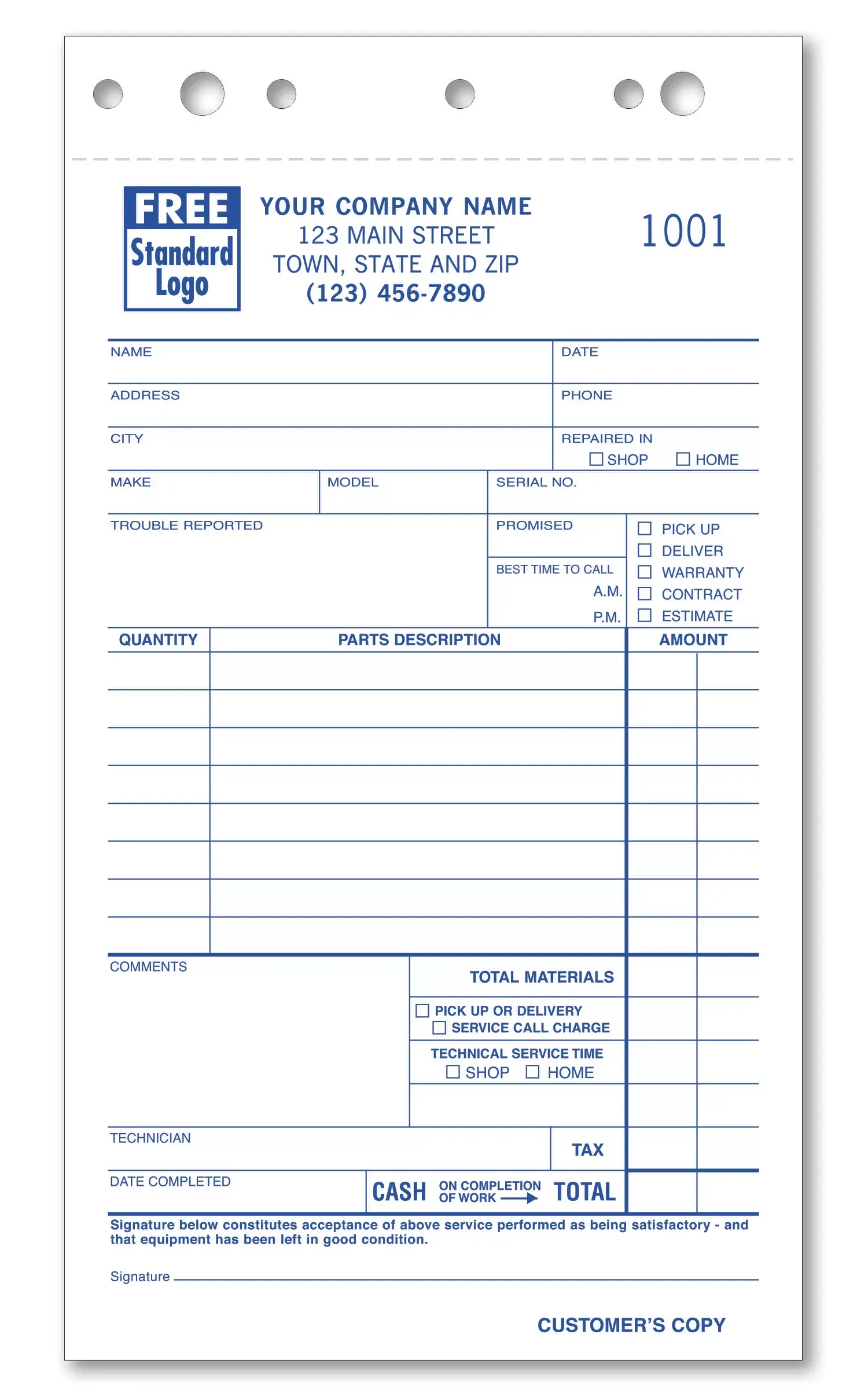 308 - Service Order Forms with Parts Details Section