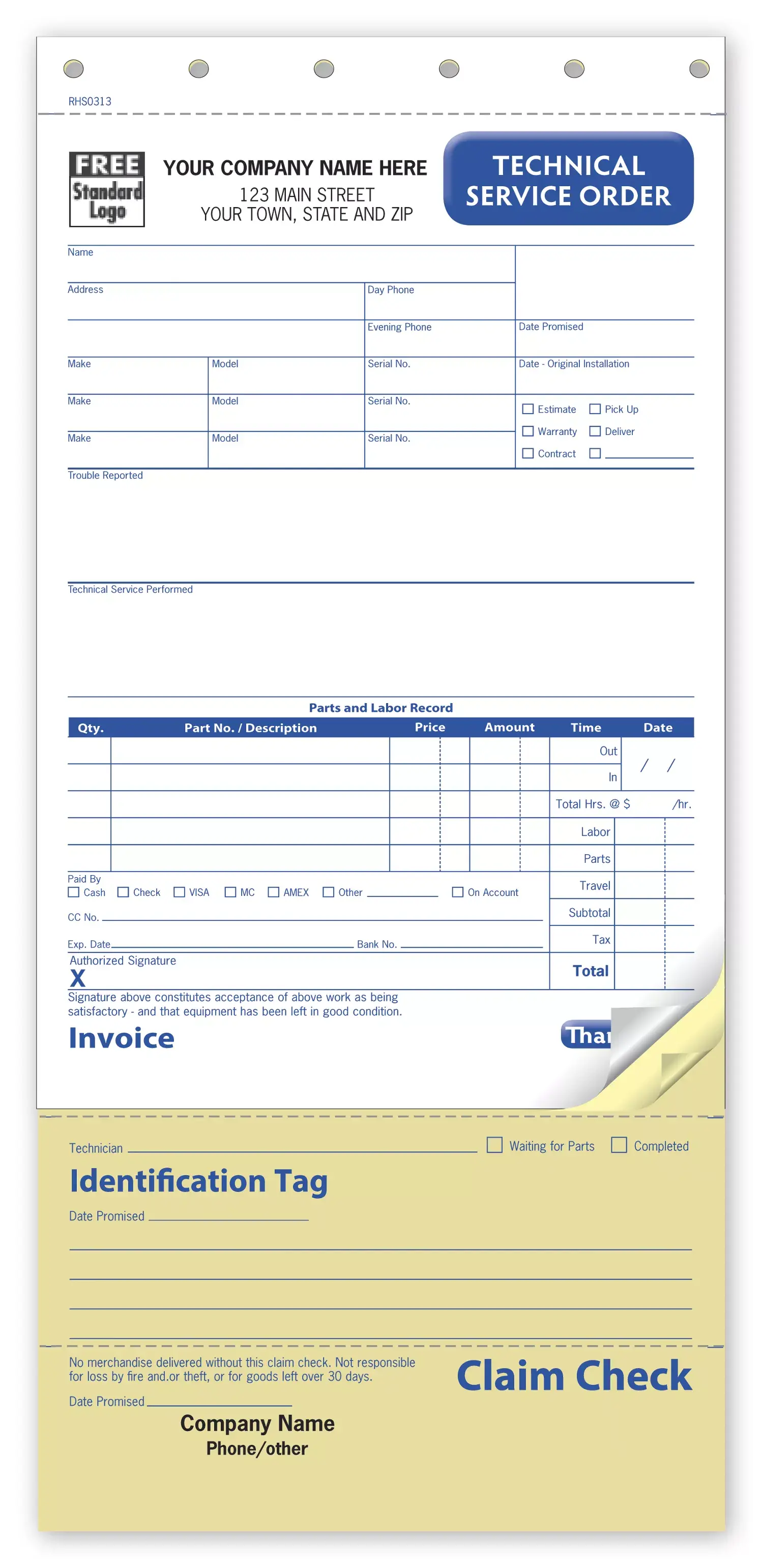 Technical Service Orders with Copies, Custom Printed on Carbonless Paper