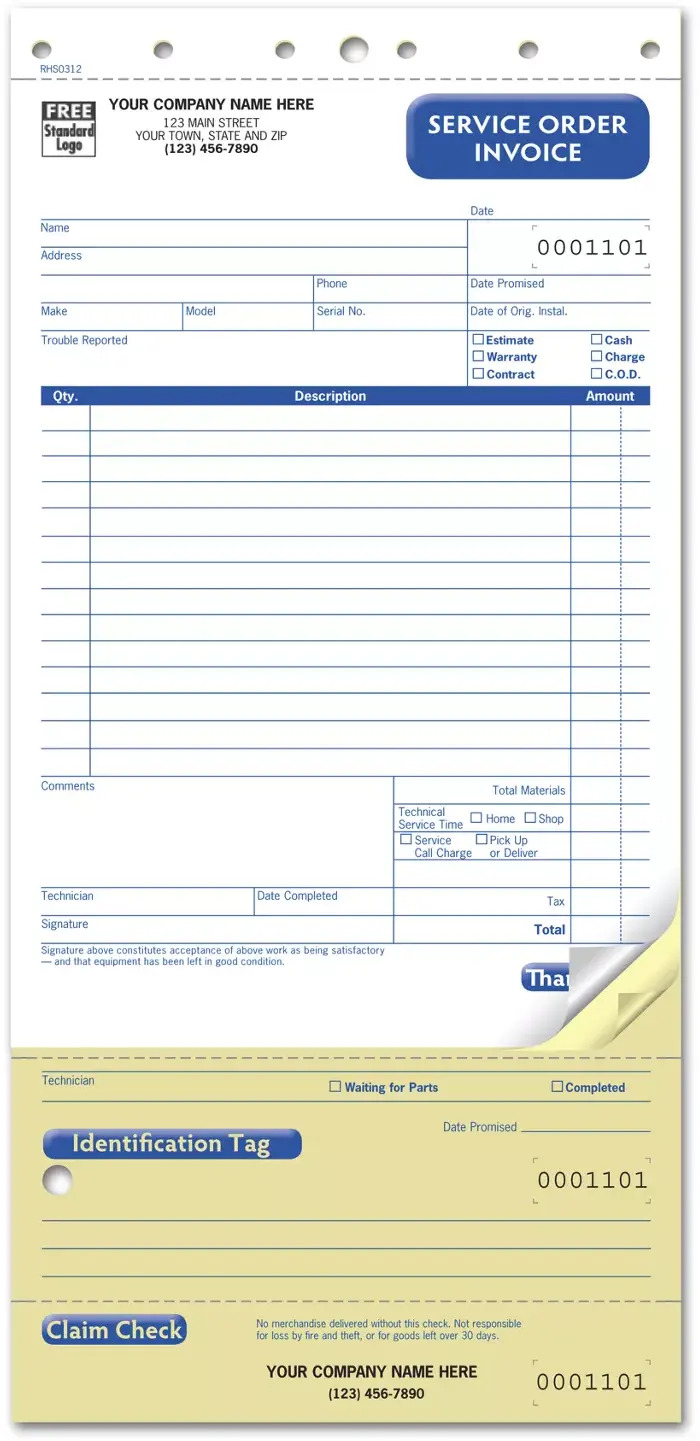 Compact Service Order Forms, Custom Printed with Tag and Claim Check