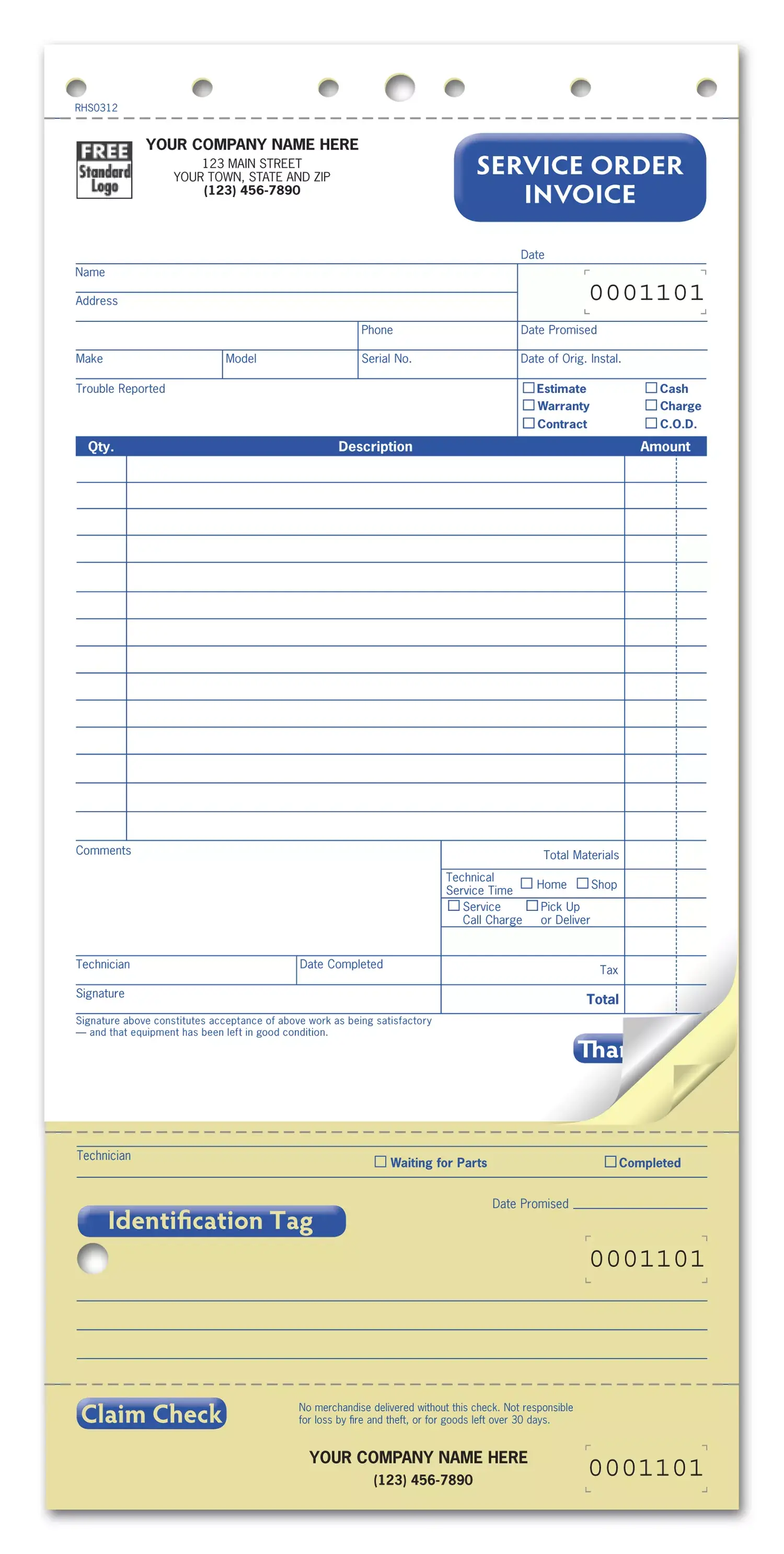 Compact Service Order Forms, Custom Printed with Tag and Claim Check