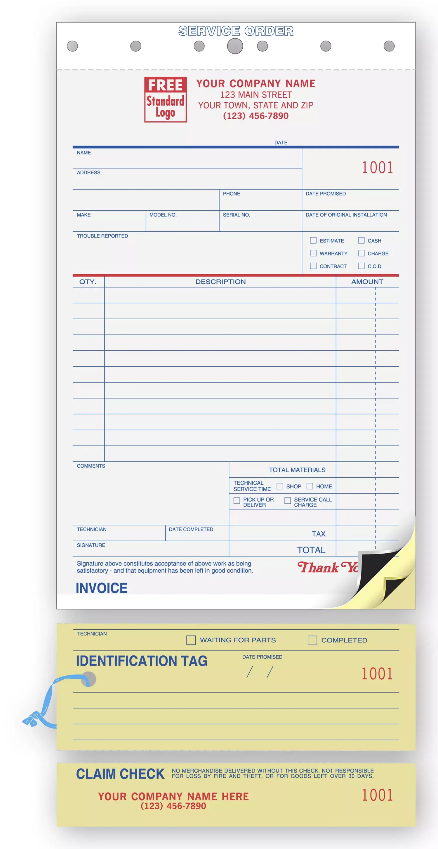 312 - Carbon Copy Service Orders with Identification Tag and Claim Check