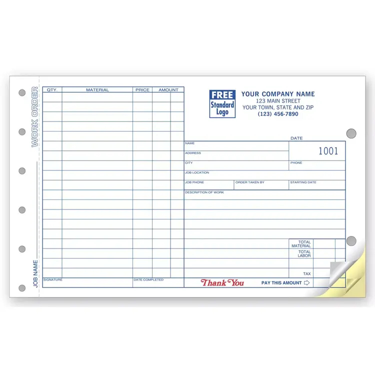 213 - Carbonless Work Orders, Side Stub