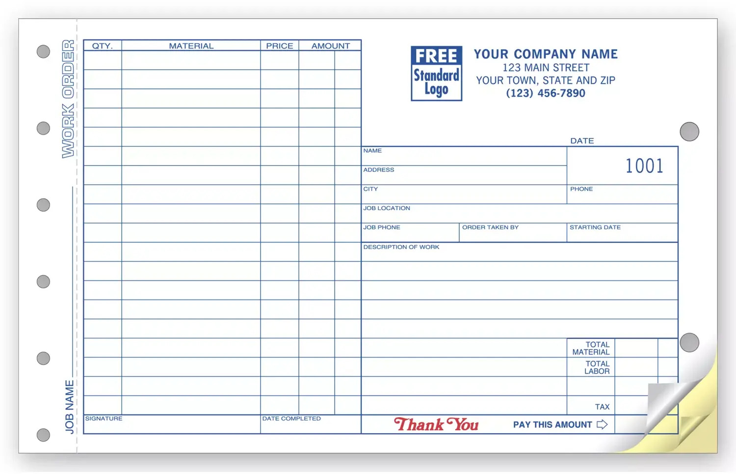 213 - Carbonless Work Orders, Side Stub