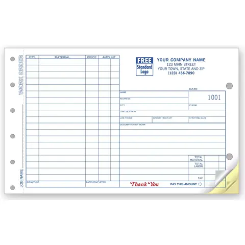 213 - Carbonless Work Orders, Side Stub