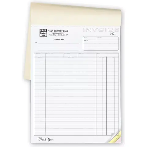 Customized 3-part carbonless invoice book with 22 description lines and business logo