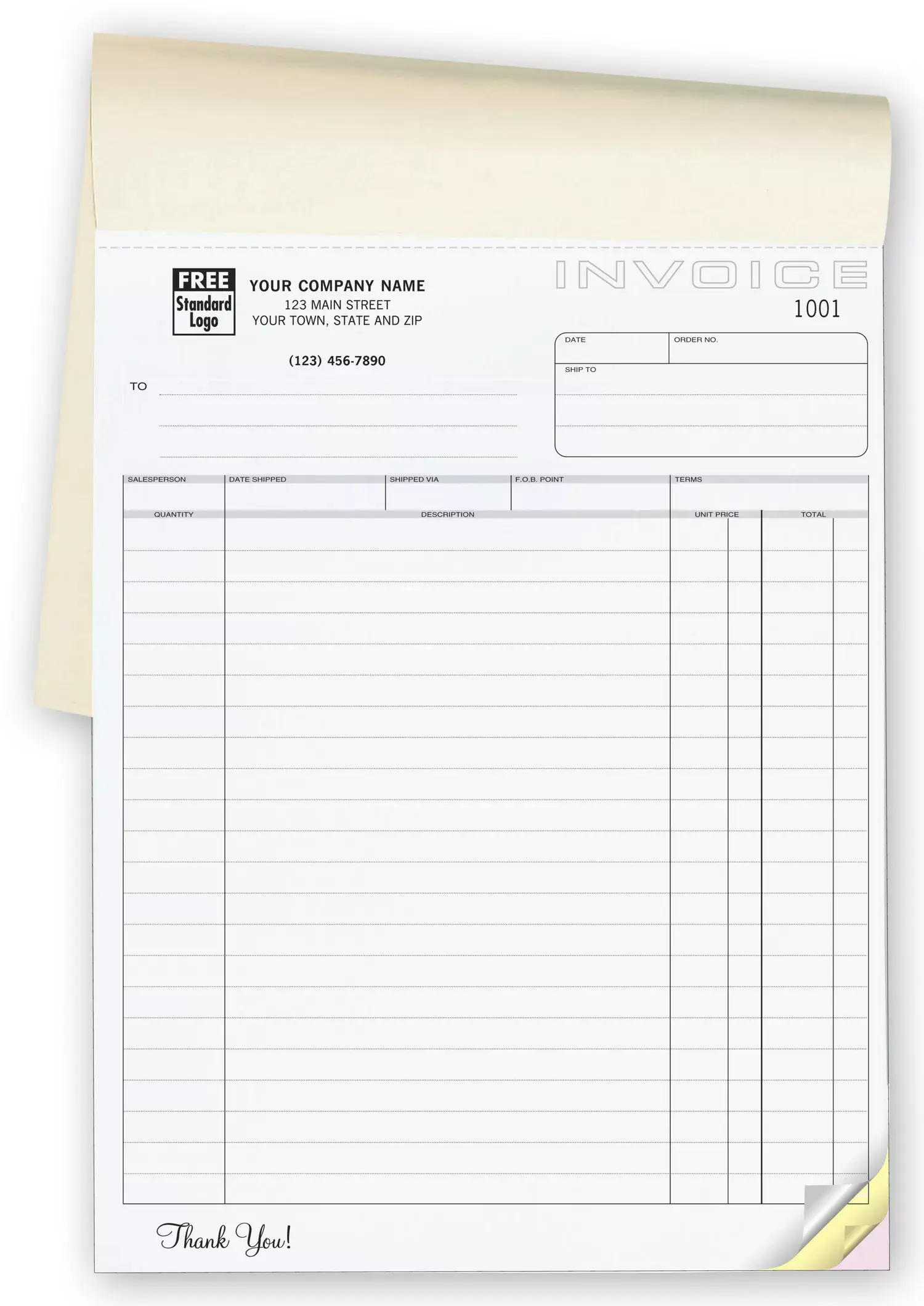 Customized 3-part carbonless invoice book with 22 description lines and business logo