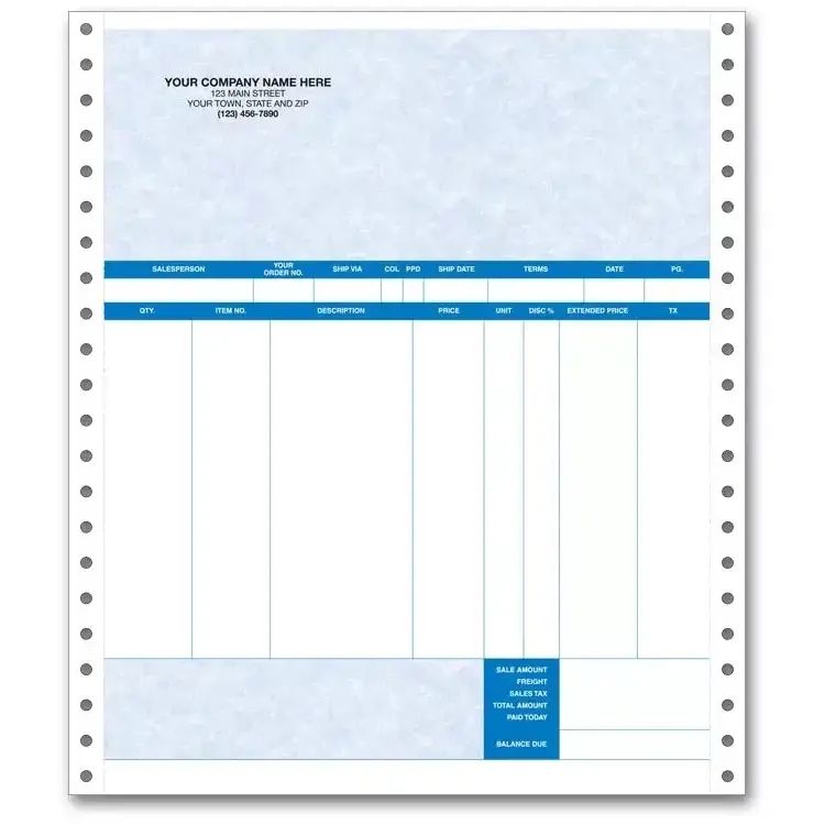 Continuous Invoice in Triplicate Format, for use with Continuous Printers