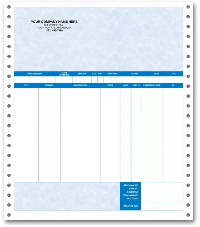 Continuous Invoice in Triplicate Format, for use with Continuous Printers