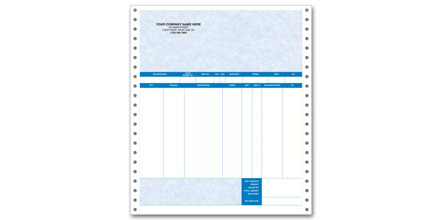 Continuous Invoice in Triplicate Format, for use with Continuous Printers