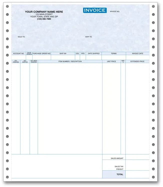 13386G - Computer Invoices with 7 Columns for Use with Pin Fed Printers