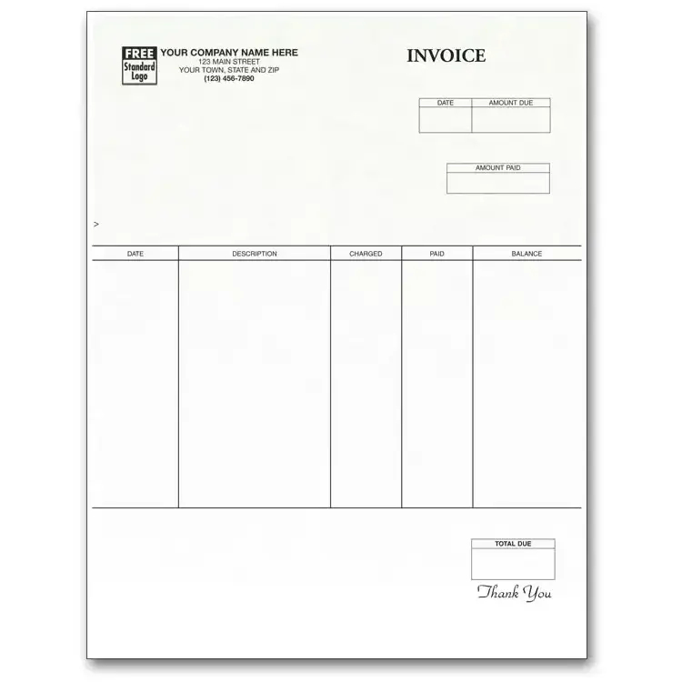 Custom Laser Business Invoices with 5 Columns and Detachable Stub