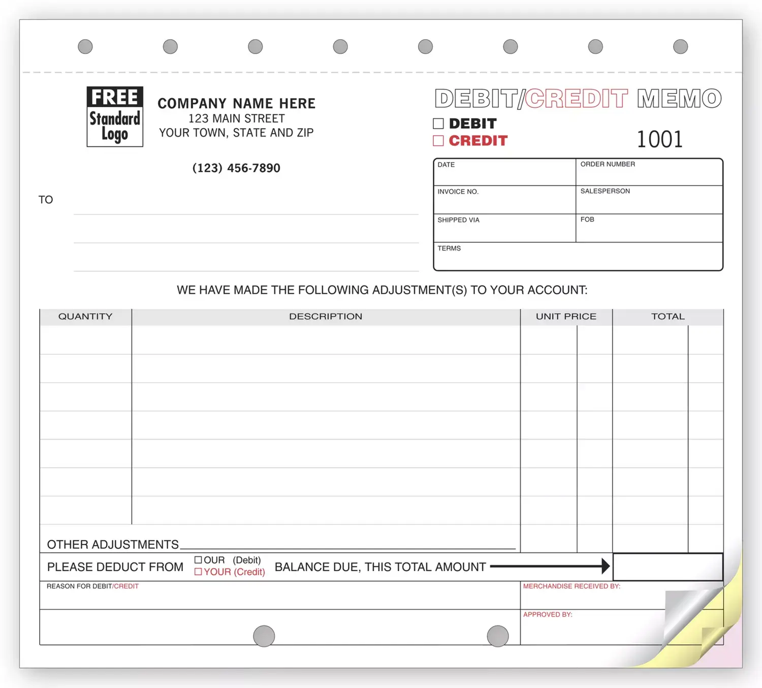 124 - Custom Printed Debit & Credit Memos