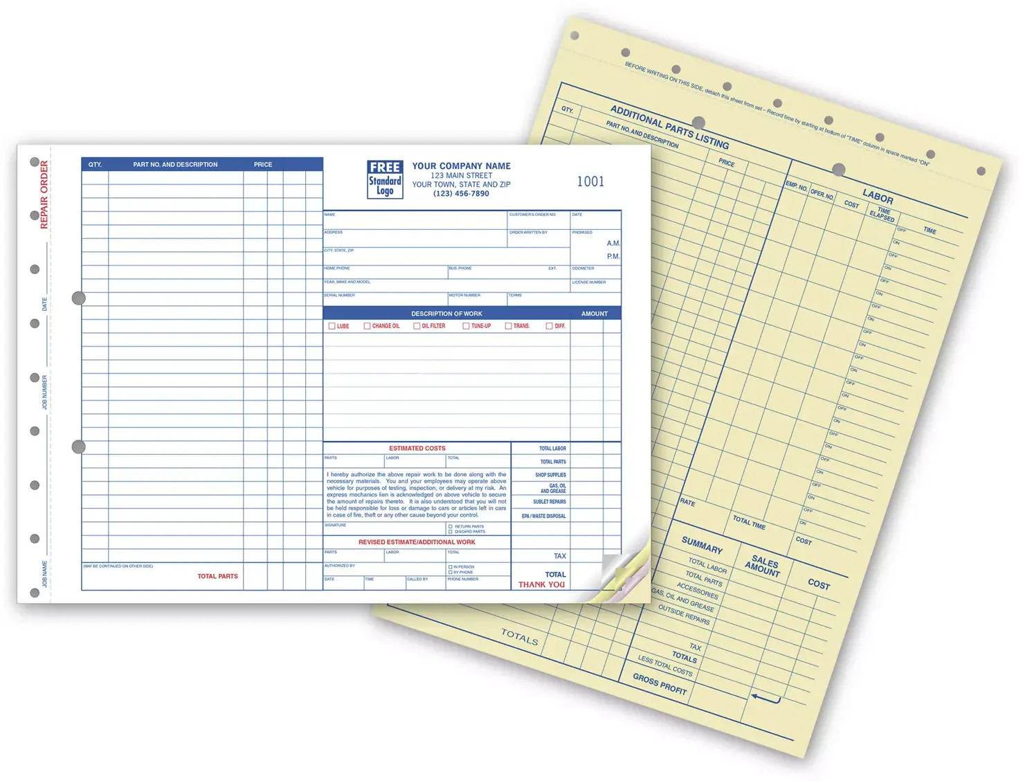 654 - Carbon Copy Auto Repair Order Forms / Estimates
