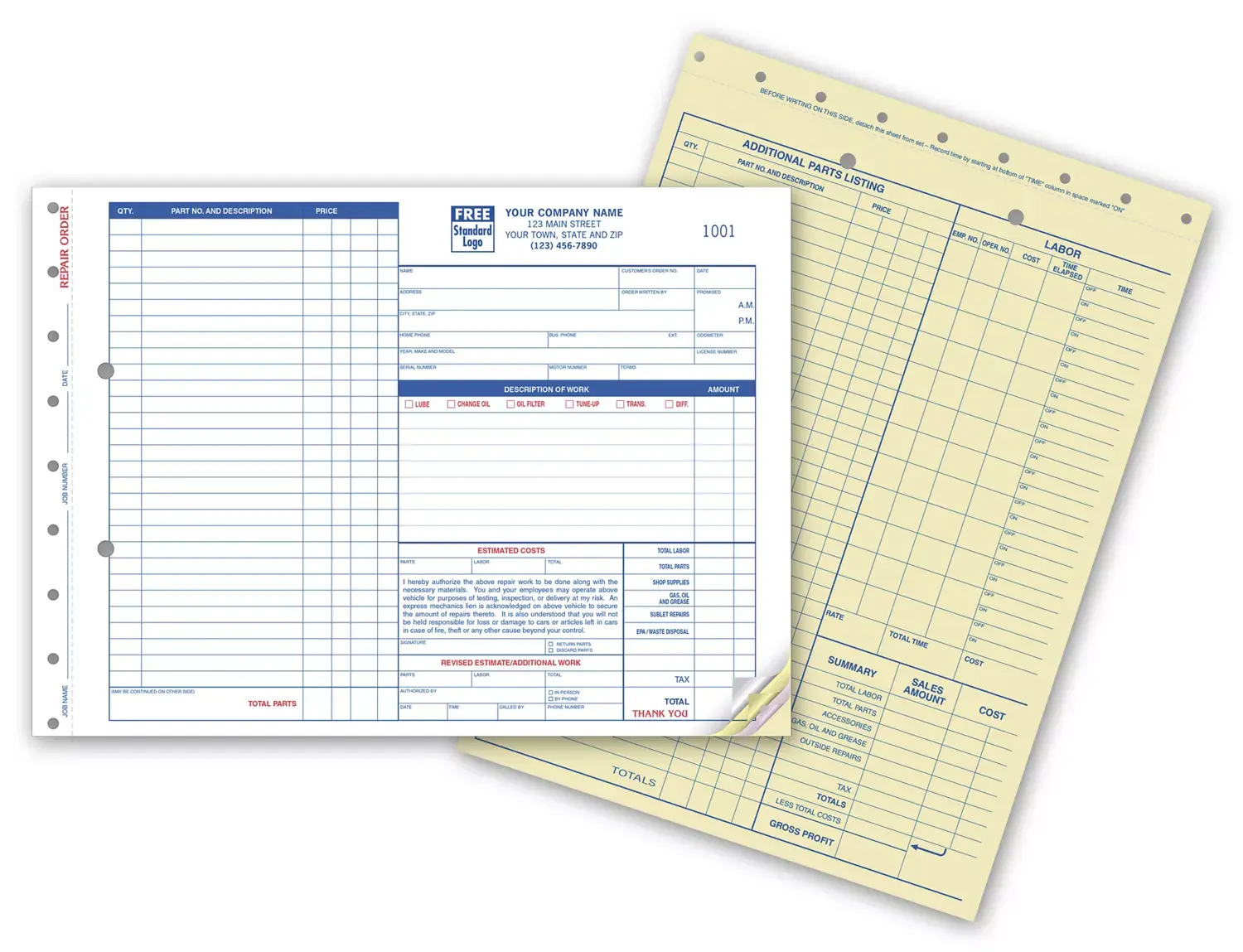 654 - Carbon Copy Auto Repair Order Forms / Estimates