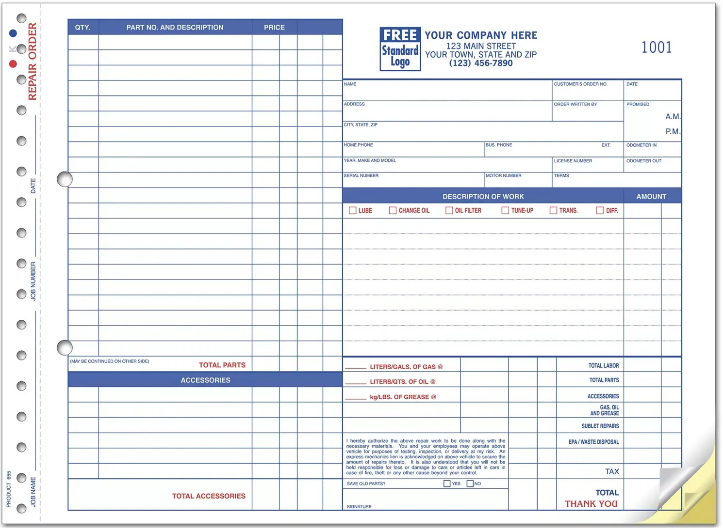 655 - Carbonless Auto Repair Order Forms
