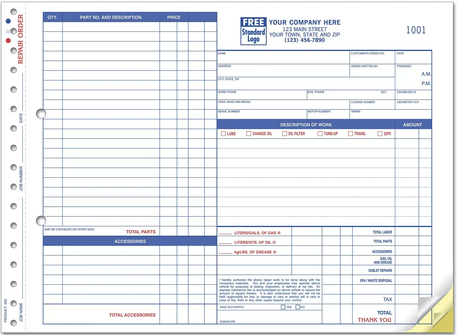 655 - Carbonless Auto Repair Order Forms