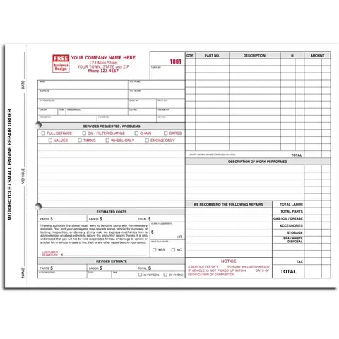 6510 - Carbon Copy Motorcycle Engine Repair Orders