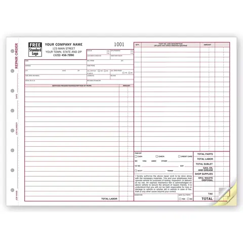 Auto Repair Order Forms, Carbonless