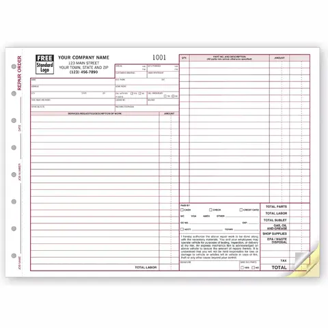 Auto Repair Order Forms, Carbonless