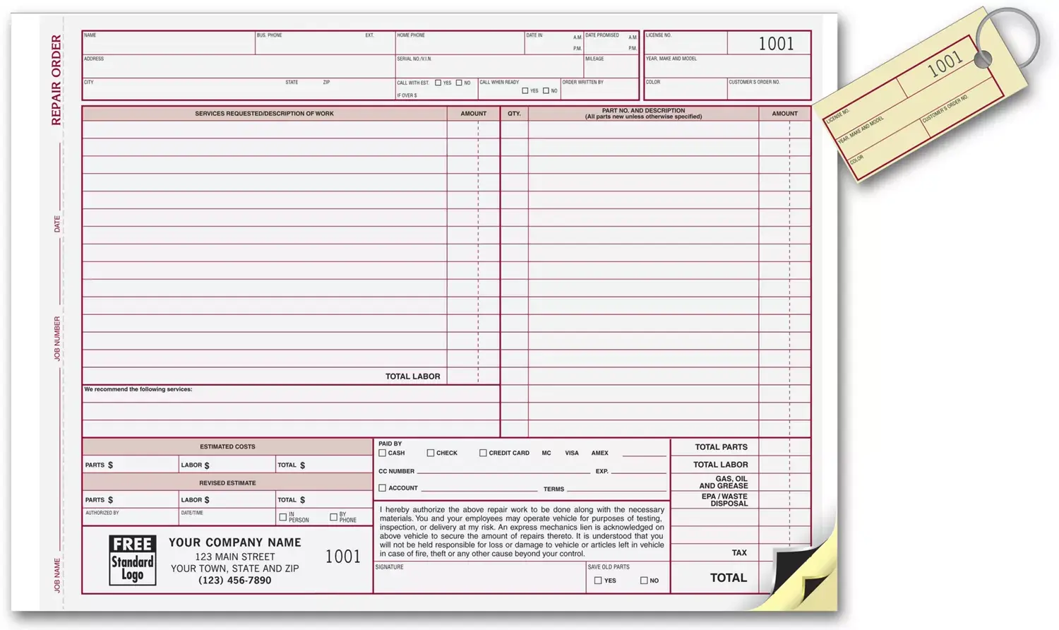6582 - Auto Repair Order Forms with Key Tag