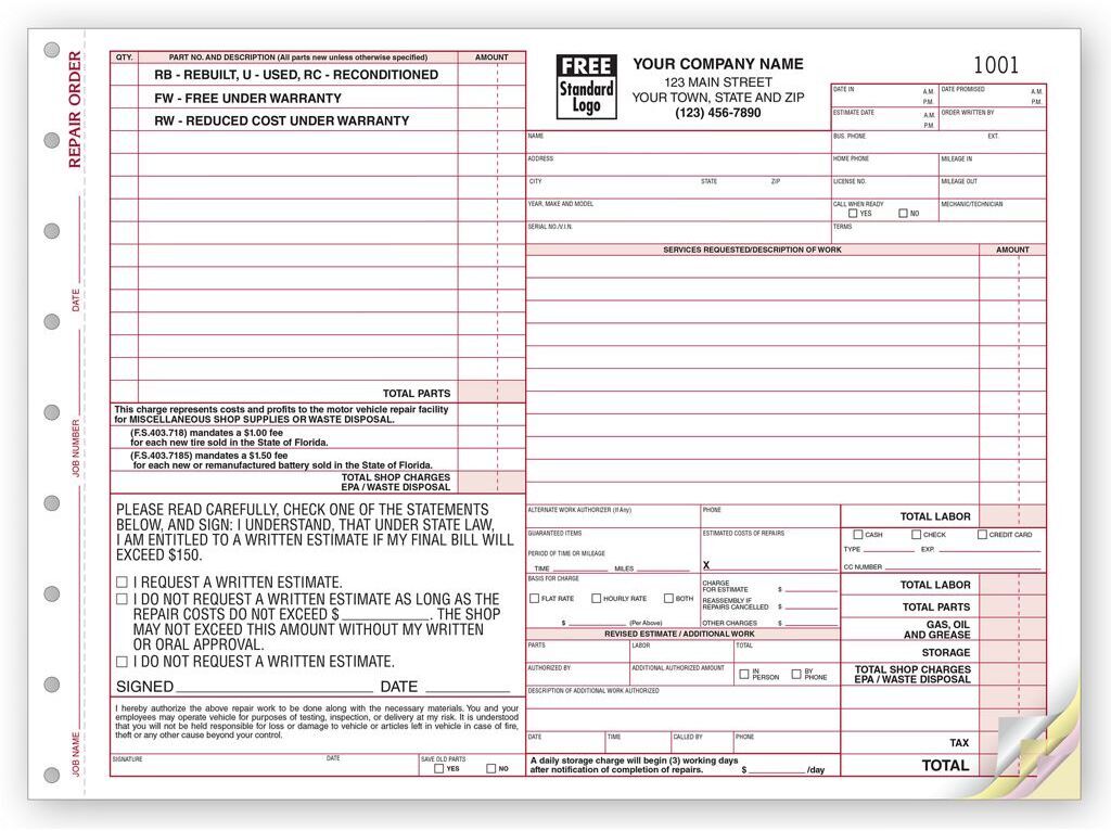 6585 - Florida Auto Repair Order Forms