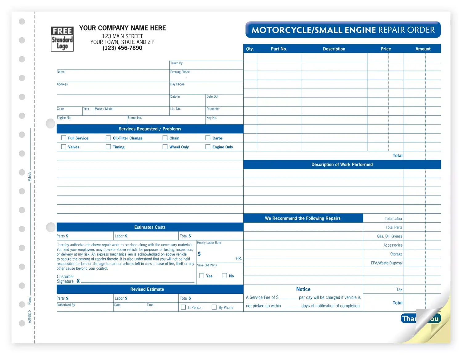 Motorcycle Repair Order Forms