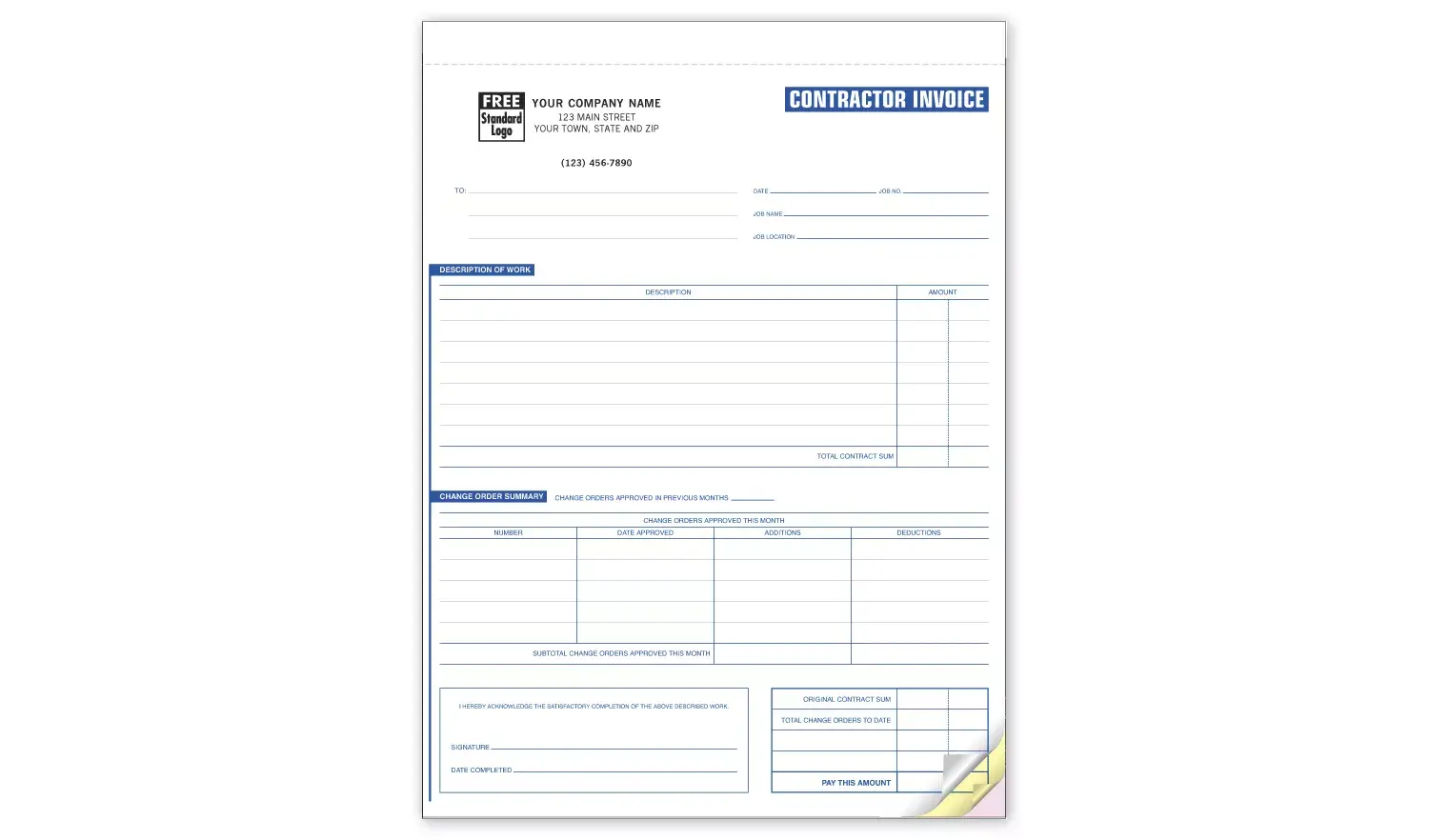 Custom Printed Contractor Invoice