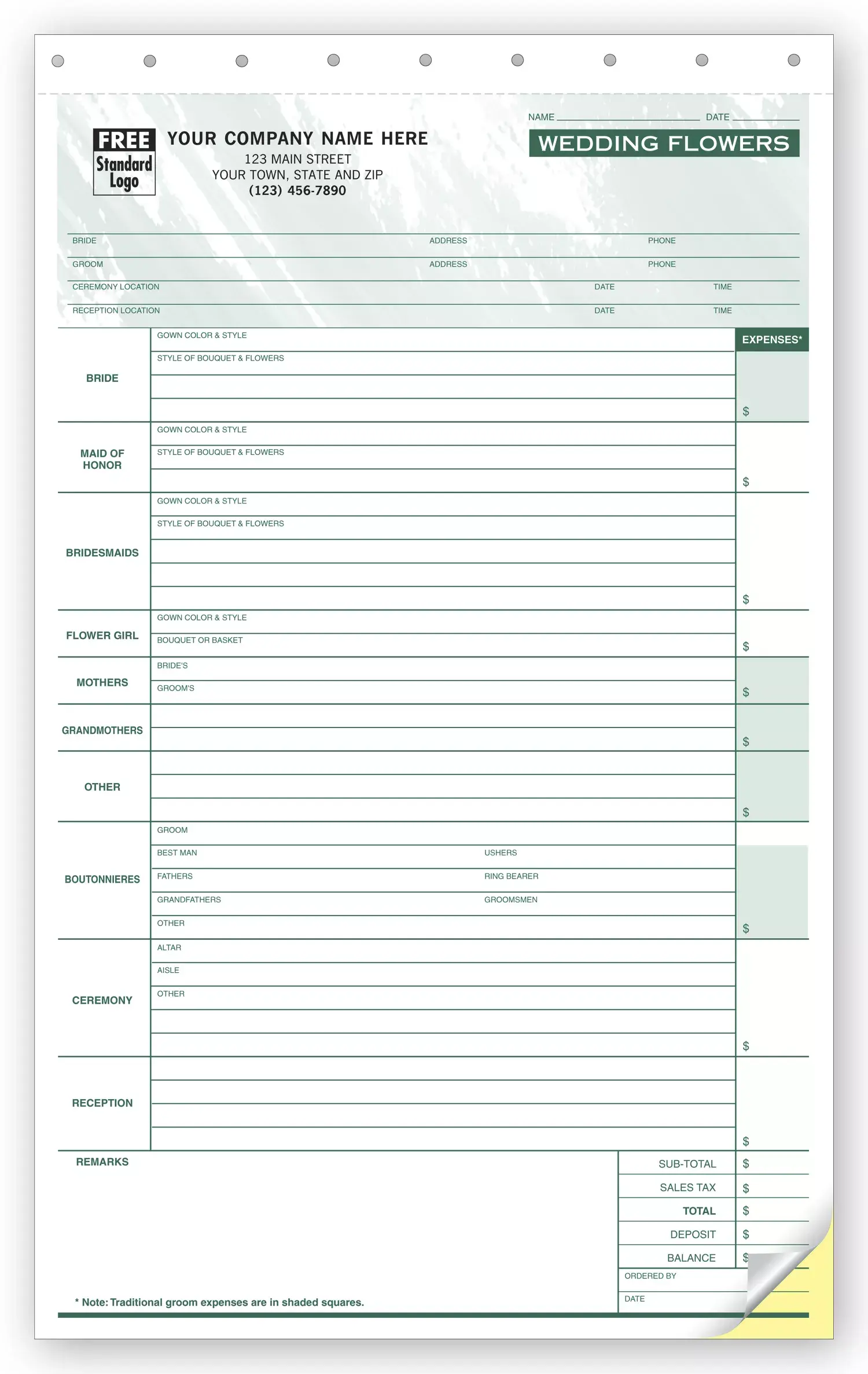 675T - Wedding Flower Order Forms
