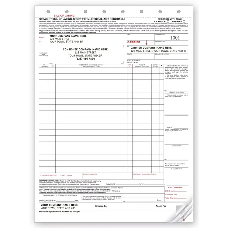 6225 - Carbonless Straight Bills of Lading  - Hazardous Materials