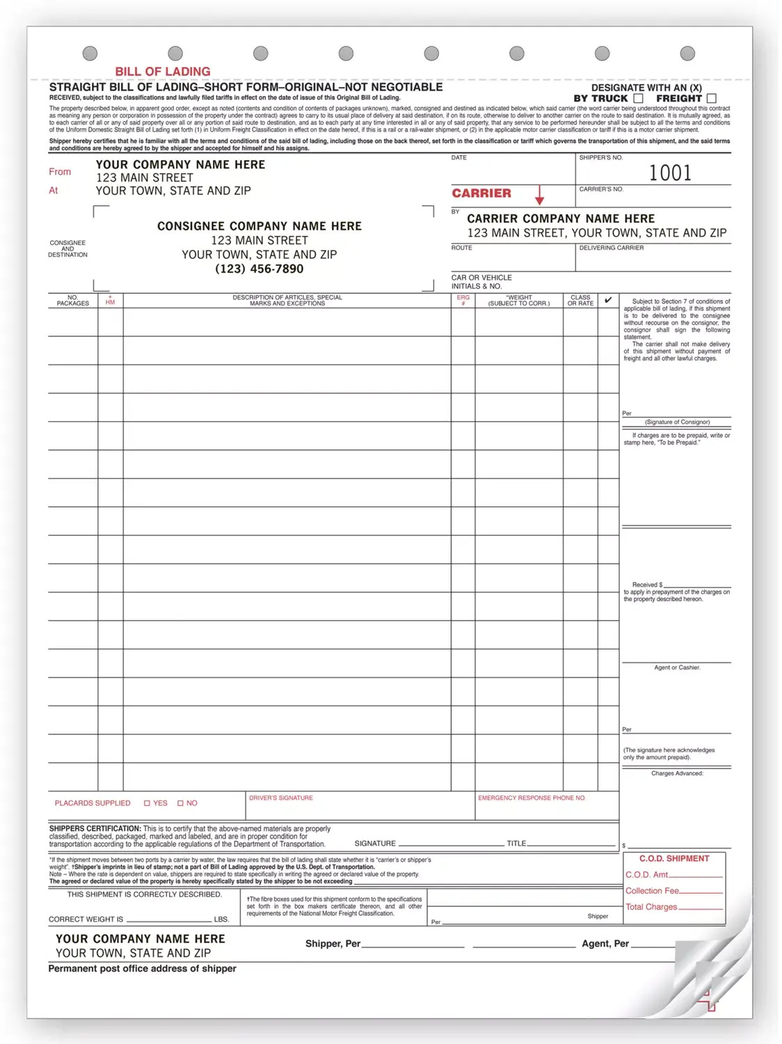 6225 - Carbonless Straight Bills of Lading  - Hazardous Materials