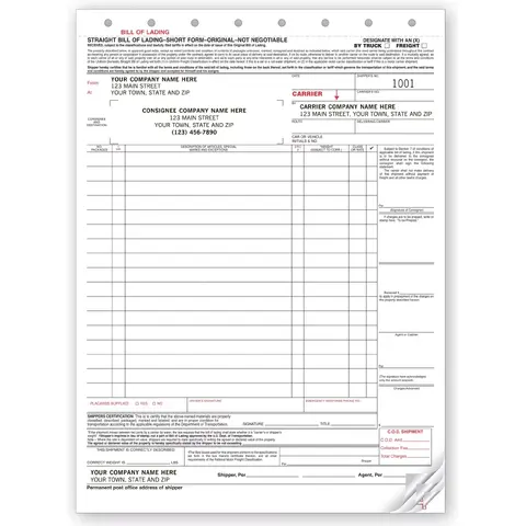6225 - Carbonless Straight Bills of Lading  - Hazardous Materials