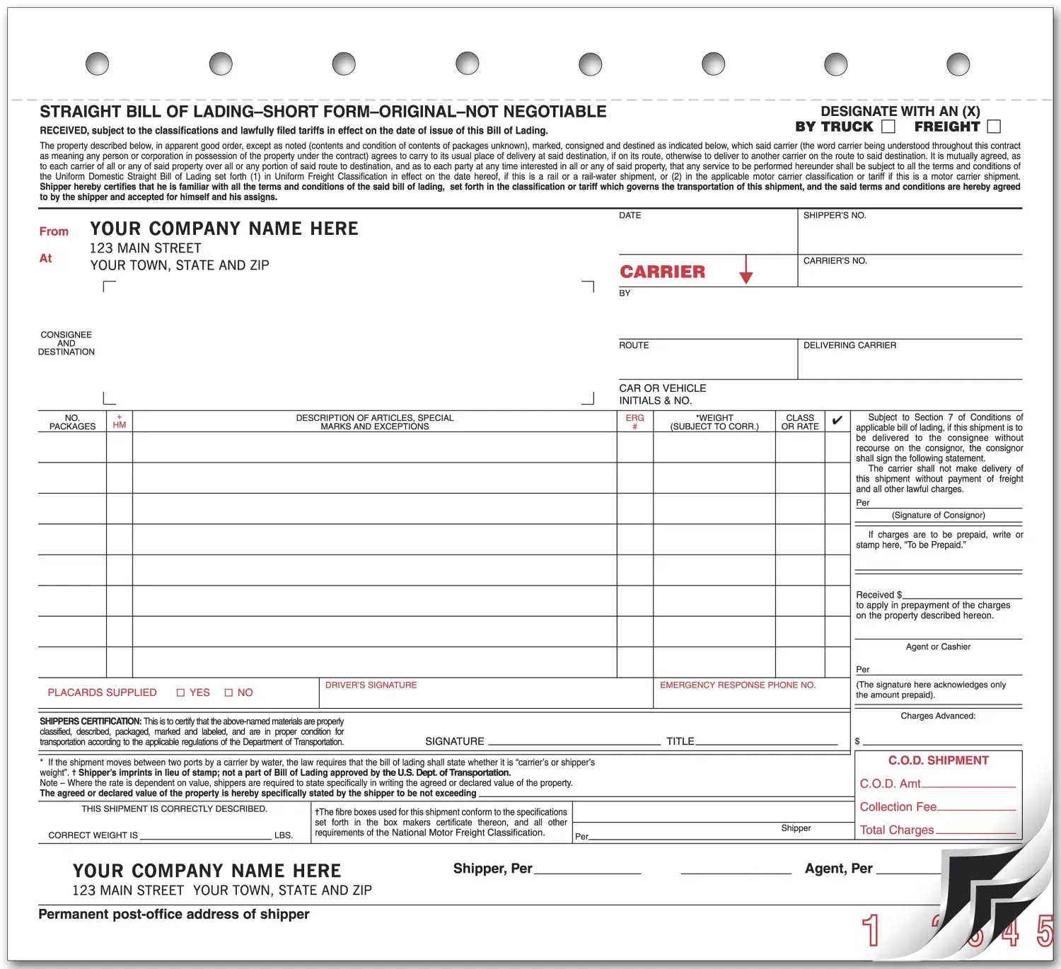 Small Freight Bills Of Lading