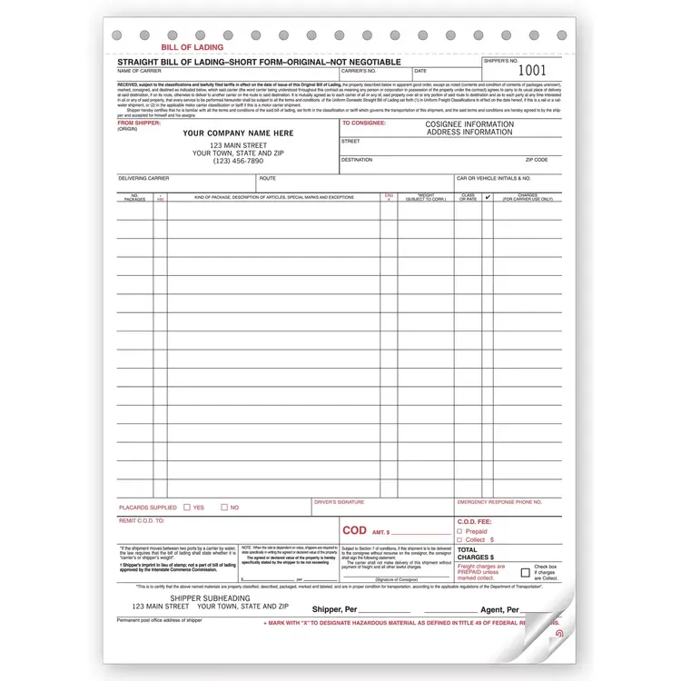 Carbonless Bills of Lading - Large Format