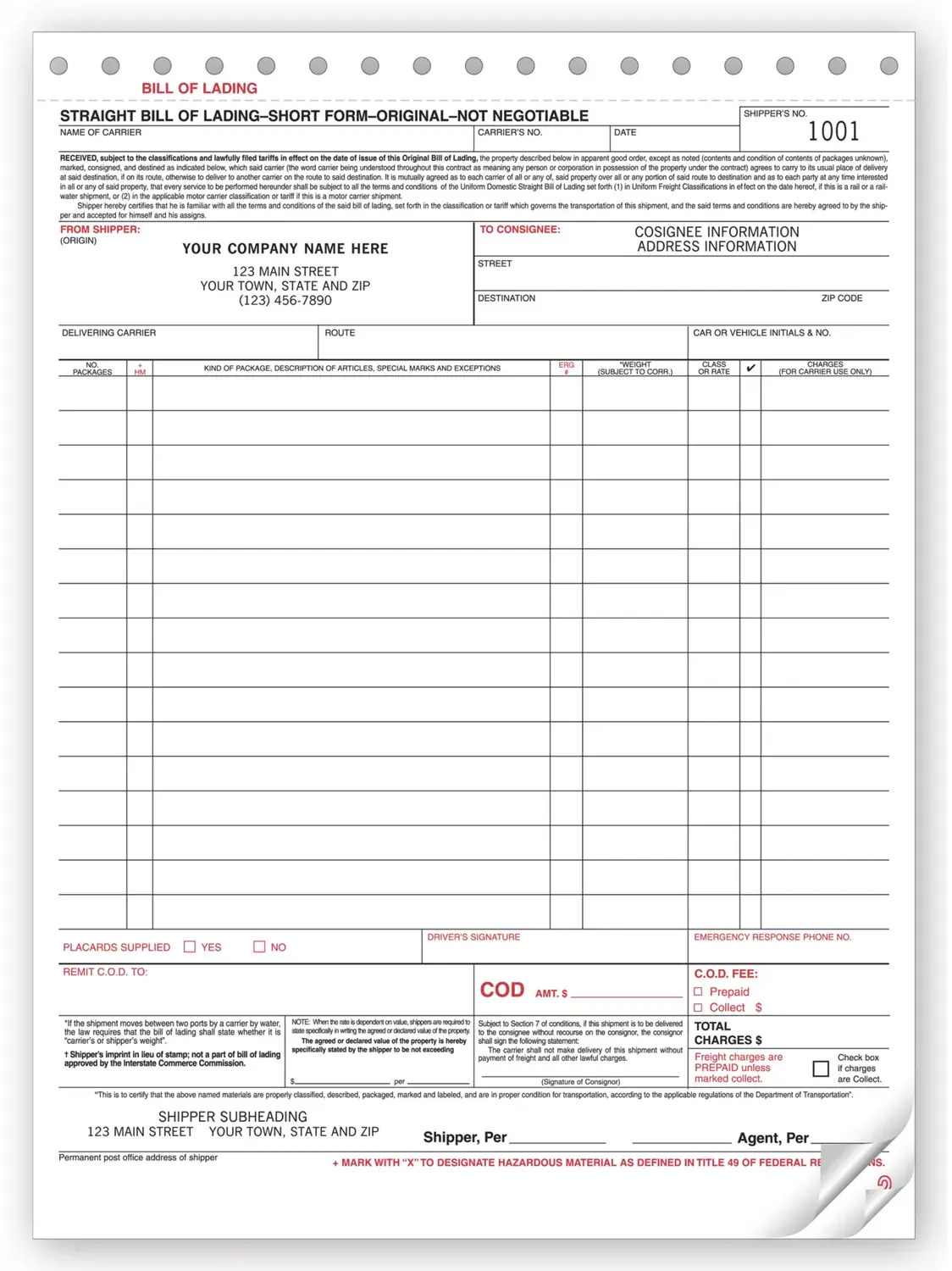 Carbonless Bills of Lading - Large Format