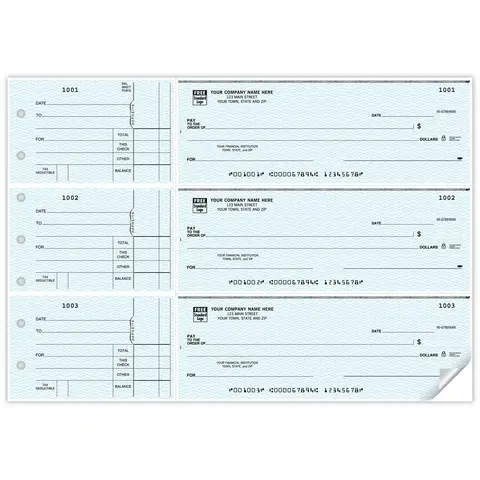 Custom printed 3-to-a-page business checks with side detachable record-keeping stubs
