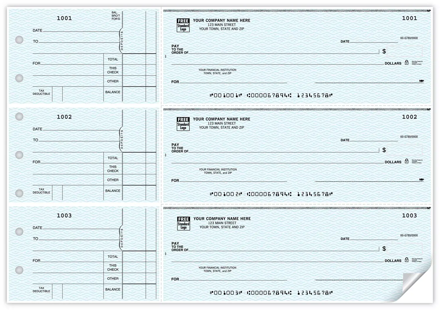 Custom printed 3-to-a-page business checks with side detachable record-keeping stubs