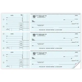 Custom printed 3-to-a-page business checks with side detachable record-keeping stubs
