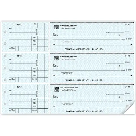 Custom printed 3-to-a-page business checks with side detachable record-keeping stubs